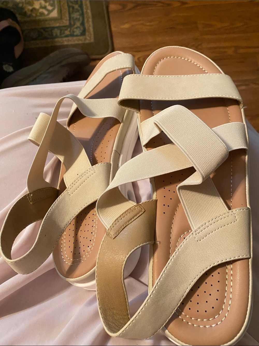 Women's Cream Elastic Strap Comfort Sandals